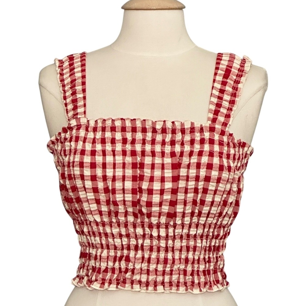 Country Western Womens Top M Red White Gingham Smocked Crop Retro Rockabilly